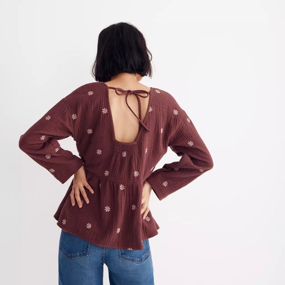 Madewell xs Embroidered Lightspun Peplum Open-Back Top - Picture 2 of 3